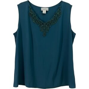 Fitting Image Tank‎ Top 22 Vintage Cottagecore Beaded Lace V-Neck Teal Green
